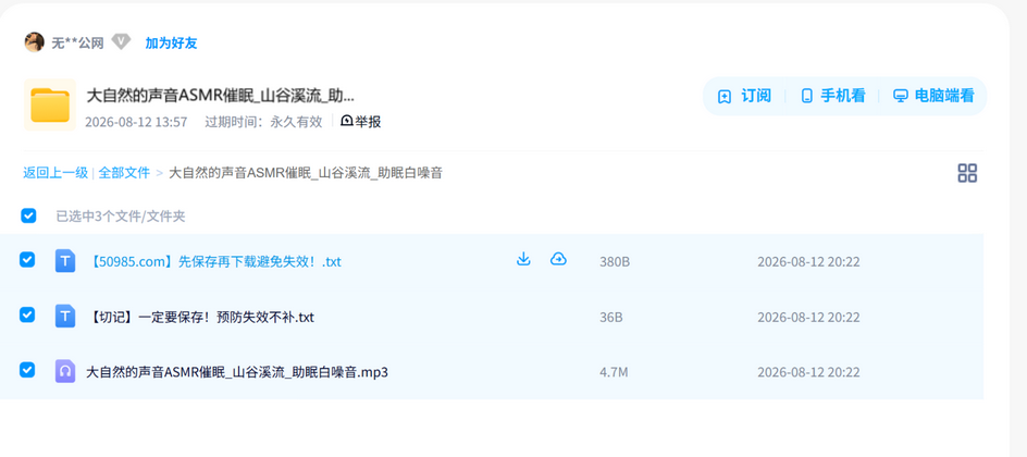大自然的声音ASMR催眠_山谷溪流_助眠白噪音 网盘目录截图